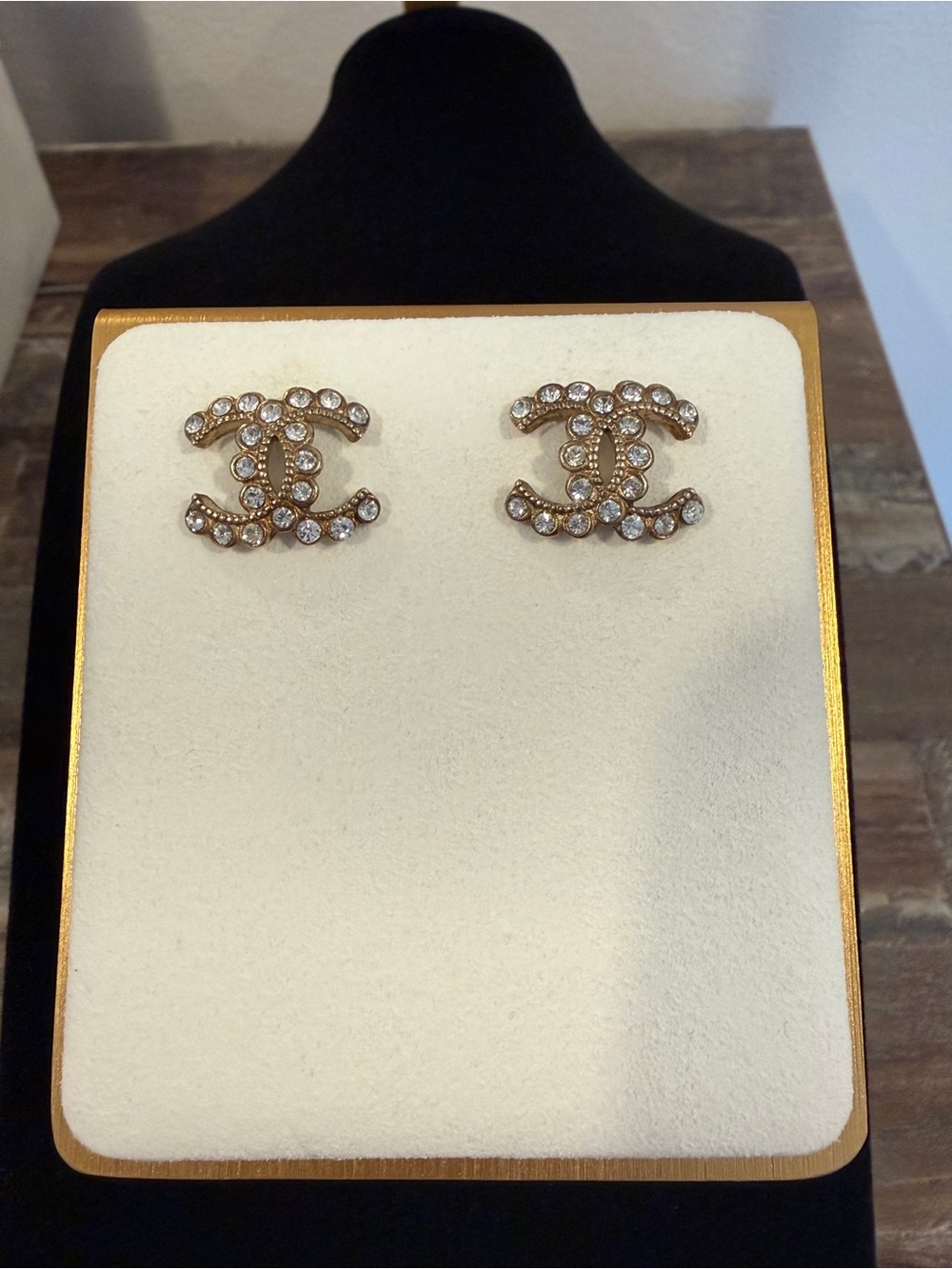 Chanel Crystal CC Logo Stud Earrings – Gold Tone | COA Included